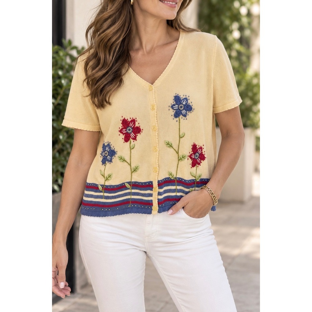 Alfred Dunner Yellow Floral Embroidered Short Sleeve Cardigan Sweater XL